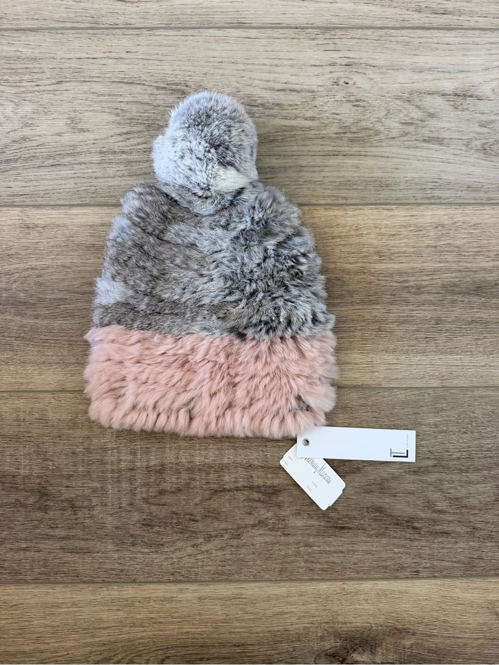 Love Token NWT Blush Pink Gray Rabbit Fur Pom Pom Beanie Hat One Size